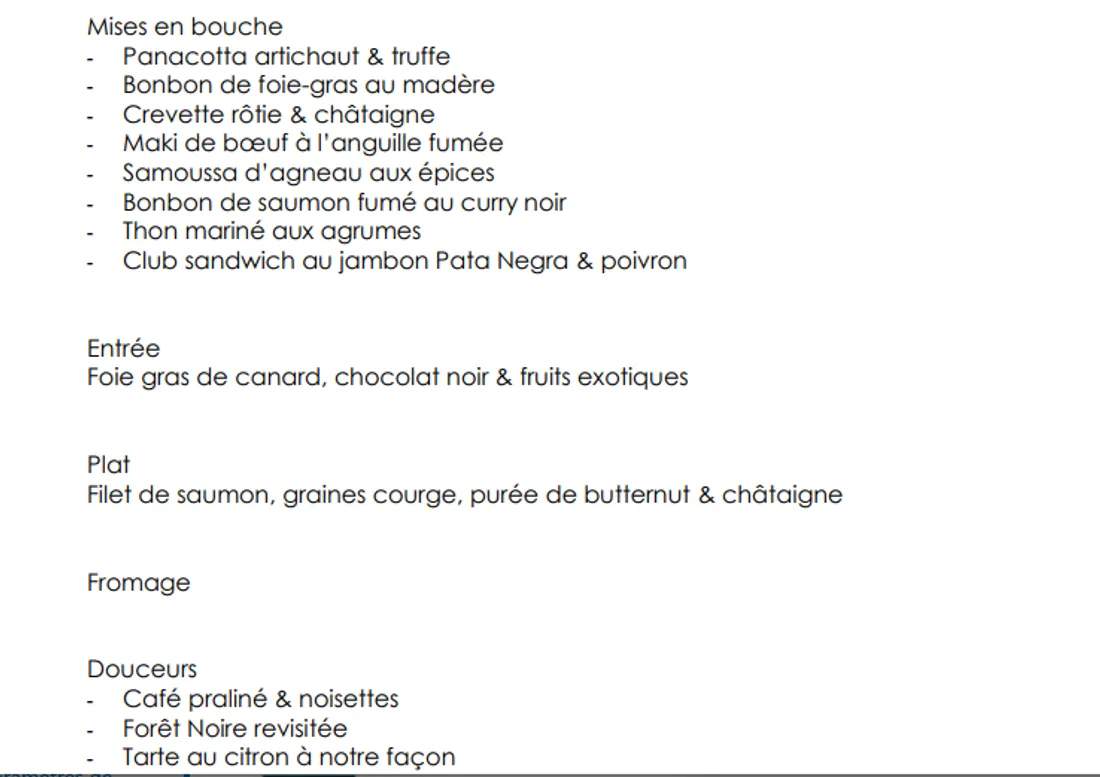 Menu du 31 décembre à La Casserole